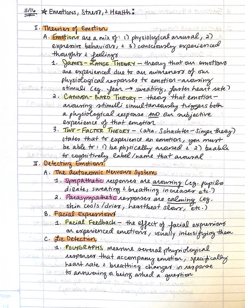 May include: Handwritten notes on lined paper about theories of emotion, including the James-Lange Theory, Cannon-Bard Theory, and Two-Factor Theory. The notes also discuss detecting emotion through the autonomic nervous system, facial expressions, and polygraphs.