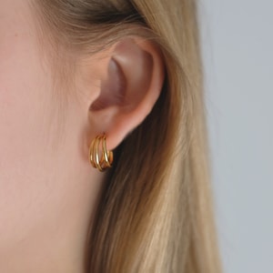 Lightweight Triple Row Hoop Earrings | Layered Gold Earrings Earrings For Every Day 18K Gold Plated Small Hoops Small Simple Earrings