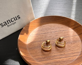 18K Gold Plated Hoop Earrings With Triple Row | Delicate Layered Gold Earrings | Tarnish Free Earrings | Water/ Sweat Resistant