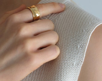 18K Gold Plated Hammered Cuff Ring | Adjustable Hammered Ring | Wide Ring | Water/ Sweat Resistant | Simple Ring | Christmas Gift