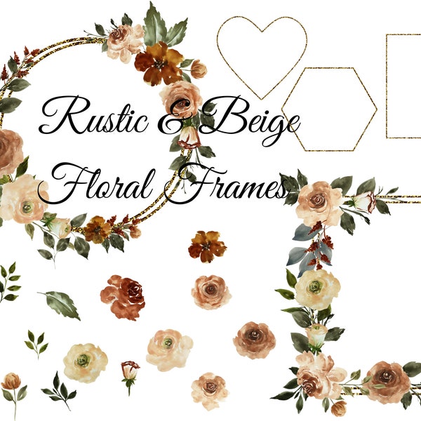 Copper Rustic watercolor floral clipart Brown Taupe Beige roses PNG Autumn clipart Fall flowers terracotta floral wedding golden frames PNG