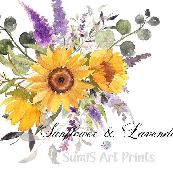 Watercolor sunflower and purple lavender wedding bouquet PNG Purple flowers PNG Lavender wreath Purple floral border Commercial use Graphics