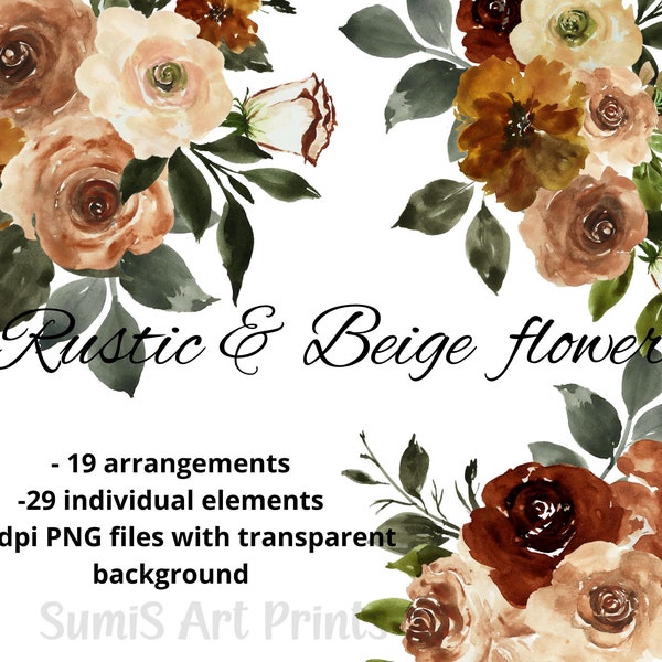 Copper Rustic watercolor floral clipart Brown Taupe Beige roses PNG Autumn clipart Fall flowers bouquet Creamy flowers bouquet Graphics PNG