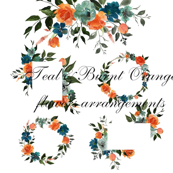 Watercolor teal burnt orange floral frame PNG Rust orange teal flower border Orange peonies arrangement Teal floral wreath sublimation PNG