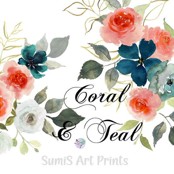 Teal Orange watercolor flowers clipart Teal Turquoise flowers bouquet Cream coral flower Spring summer Burnt orange fall wedding invitation