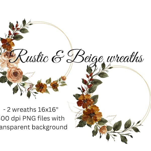 Copper rustic watercolor flower wreath PNG Burnt orange floral wreath Spring Autumn clipart Brown Taupe Beige Wedding flowers arrangement