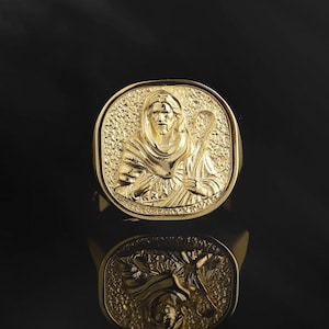 14K Gold Shepherd Jesus Men&#39;s Ring, Relief Jesus Signet Rings, 10K Messiah Christ Ring, Religious Man Jewelry, Birthday Gift For Father&#39;s