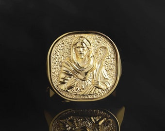 14K Gold Shepherd Jesus Men's Ring, Relief Jesus Signet Rings, 10K Messiah Christ Ring, Religious Man Jewelry, Gift For Fathers Day