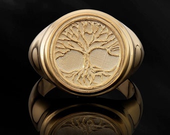 18K Gold Tree of Life Ring, 14K Gold Family Tree Statement Rings for Men, Scandinavian Yggdrasill Signet Ring, Birthday Gift For Father&#39;s