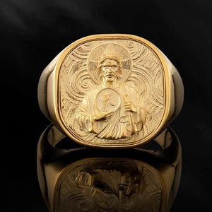 18K Solid Gold Jesus Christ Ring For Men, 14K Gold Unique Jesus Ring, 10K Messiah Ring, Men&#39;s Religious Rings, Birthday Gift For Father&#39;s