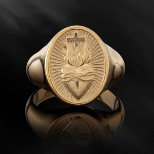14K Gold Sacred Heart Signet Man Ring, 18K Crucifix Statement Ring, Religious Men&#39;s Cross Rings, Gift For Men, Birthday Gift For Father&#39;s