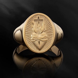 14K Gold Sacred Heart Signet Man Ring, 18K Crucifix Statement Ring, Religious Men's Cross Rings, Gift For Men, Best Gifts For Father's Day