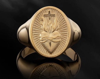 14K Gold Sacred Heart Signet Man Ring, 18K Crucifix Statement Ring, Religious Men's Cross Rings, Gift For Men, Best Gifts For Father's Day