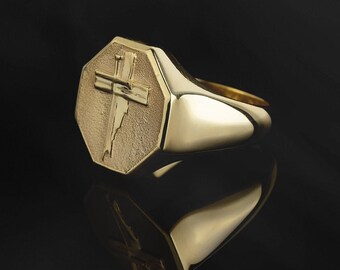 14K massivt guld krucifixring, 10K korsuttalande herrring, religiösa signetringar för män, unik korsring, present till fars dag