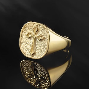 14K Gold Crucifix Men&#39;s Ring, 10K Solid Gold Savior Cross Ring, Man Cross Signet Rings, Religious Man Jewelry, Birthday Gift For Father&#39;s