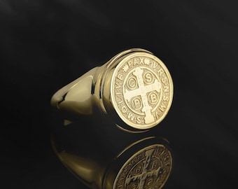 Men’s Catholic Saint Benedict Cross Ring – Stainless Steel, Exorcism Medal Design, Band Style