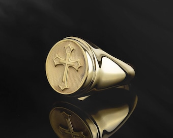 10K Solid Gold Relief Cross Rings, 18K Signet Crucifix Men's Rings, Religious Jewelry For Man, Gift For Dad's, Gift For Fathers Day