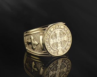 14K Gold St Benedict Medal Cross Ring, Religious Catholic Ring For Men, Solid Gold Saint Benedict Signet Ring, Birthday Gift For Father&#39;s