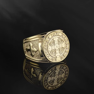 14K Gold St Benedict Medal Cross Ring, Religious Catholic Ring For Men, Solid Gold Saint Benedict Signet Ring, Birthday Gift For Father&#39;s