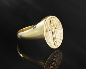 14K massivt guld relief krucifixring, 10K unik korsring, korsvigselring för män, religiösa manssmycken, present till fars dag