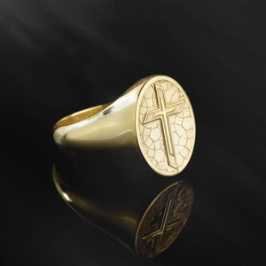 14K Solid Gold Relief Crucifix Ring, 10K Unique Cross Ring, Cross Wedding Band For Men, Religious Man Jewelry, Birthday Gift For Father&#39;s