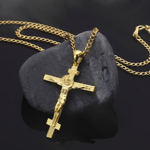 Ciondolo a forma di croce di Gesù in oro 10 carati con collana cubana, collana unisex con crocifisso in oro 14 carati, gioielli religiosi per uomo, regalo di compleanno per il papà
