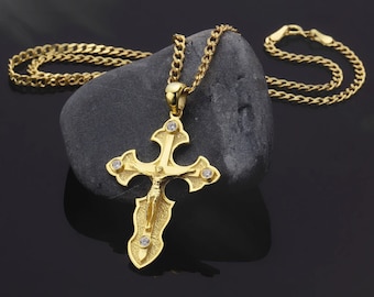 14K Solid Gold Cross Cuban Chain Necklace, 10K Gold Zircon Diamond Crucifix Necklace, Unisex Religious Jewelry, Gift For Fathers Day