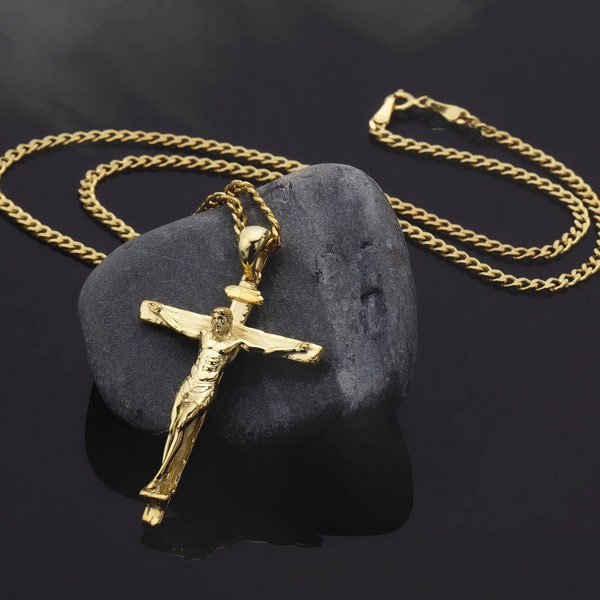 Kruzifix-Anhänger aus Massivgold mit Gourmet-Kette, 14K Gold Jesus Cross Man-Halskette, religiöse Unisexhalsketten, beste Geschenke für den Vatertag