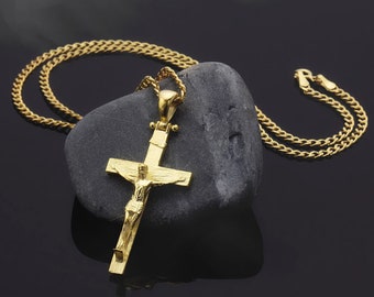 18K Gold Cross Gourmet Chain Necklace, Cross Necklace For Men, Gold Jesus Crucifix Necklace, Religious Jewelry, Gift For Fathers Day