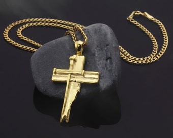 18K Solid Gold Cross Necklaces For Men, 14K Gold Jesus Crucifix Cuban Chain Necklace, Unisex Religious Jewelry, Gift For Fathers Day