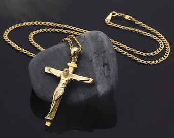 Solid Gold Crucifix Pendant With Gourmet Chain, 14K Gold Jesus Cross Man Necklace, Religious Unisex Necklaces, Gift For Fathers Day