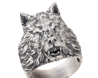 Silver Wolf Rings, Wild Angry Wolf Ring, Statement Men Rings, Oxidized Animal Rings, Wolf Head Statement Ring, Gift For Fathers Day