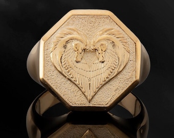 Mens Solid Gold Pegasus Ring, Double Head Pegasus Horse Ring, 14K Greek Mythological Ring, Pegasus Horse Ring, Birthday Gift For Father's