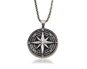Sterling Silver Compass Necklace For Men, North Star Compass Necklaces, Gift For Sailor Men, Personalized Gift, Gift For Fathers Day