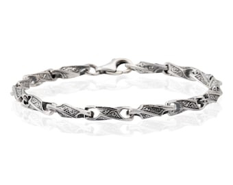 925 Sterling Silver Men's Bracelet, Oxidized Engraved Link Chain, Silver Jewelry For Men