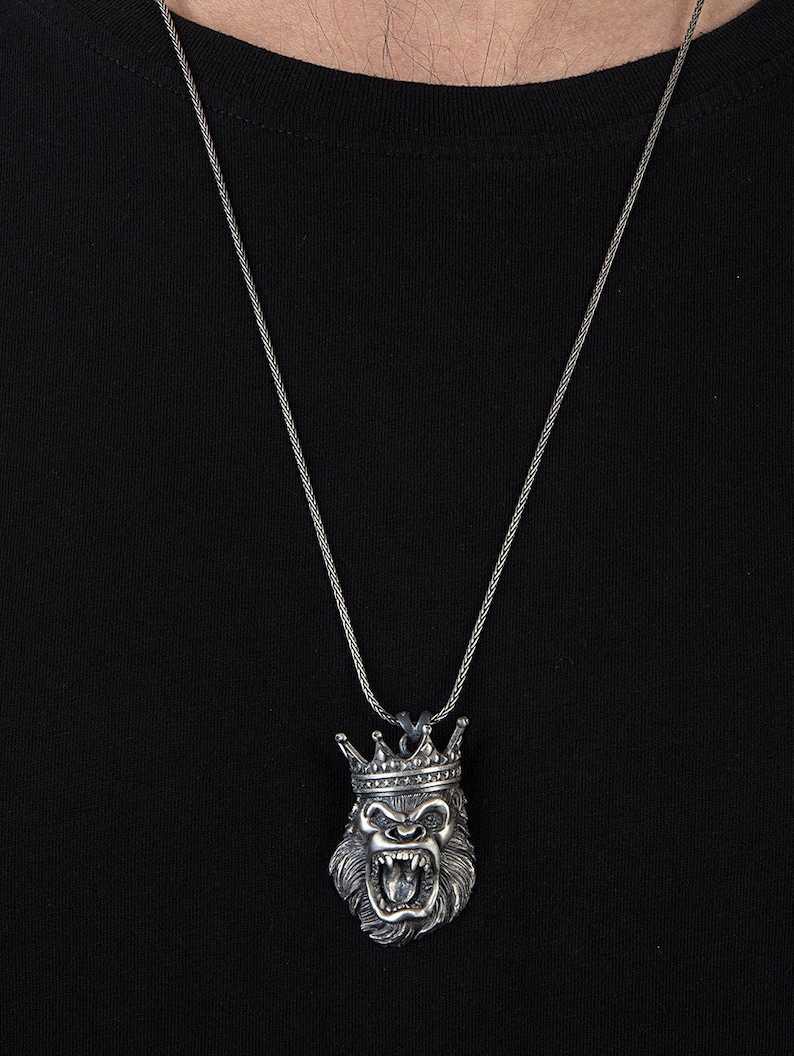 Sterling Silver Gorilla Necklace King Crowned Gorilla Etsy