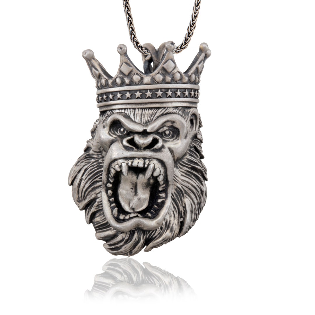 Sterling Silver Gorilla Necklace, King Crowned Gorilla Pendant, Monkey ...