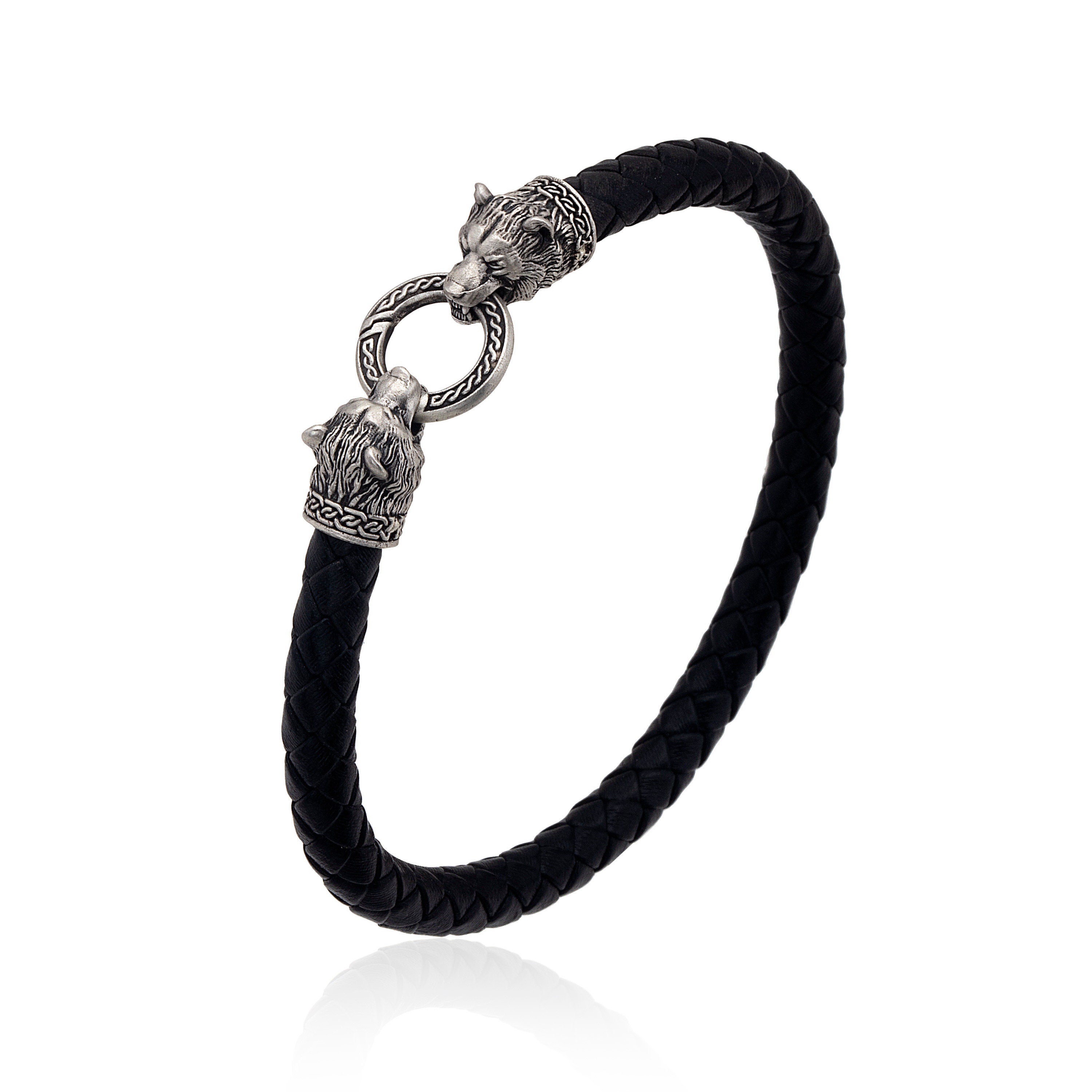 Sterling Silver Bear Head Bracelet, Men's Braided Leather - Etsy