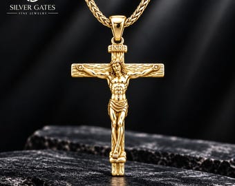 Cross Necklace for Men, Jesus Crucifix Pendant, Gold Plated Cross For Him, 925 Sterling Silver, 10K 14K 18K Solid Gold