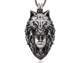 Wolf Masked Man Pendant, Solid Sterling Silver Necklace