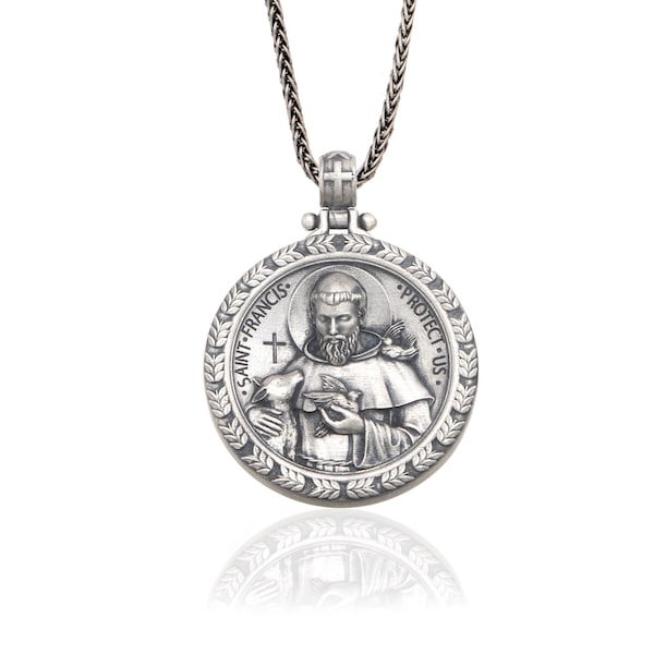 Sterling Silver Saint Francis Pendant Necklace, Christian Amulet