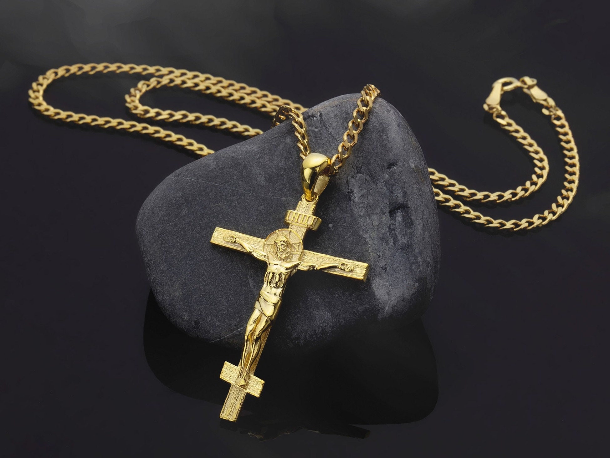 10K Gold Jesus Cross Pendant With Cuban Necklace, 14K Gold Unisex Crucifix Necklace, Religious Jewelry For Men, Birthday Gift For Father's