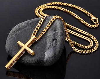 14K Gold Cross Necklace For Men, 18K Solid Gold Crucifix Pendant, Religious Jewelry,  Birthday Gift For Him
