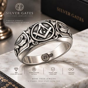 Masonic Ring for Men, 925 Sterling Silver Freemason Ring, Master Mason Jewelry