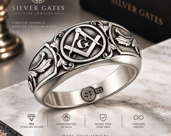 Masonic Ring for Men, 925 Sterling Silver Freemason Ring, Master Mason Jewelry