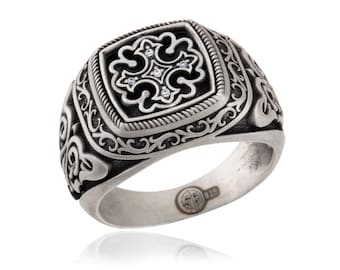 Black Onyx Signet Ring, Sterling Silver Cross, Religious Jewelry Gift For Fathers Day
