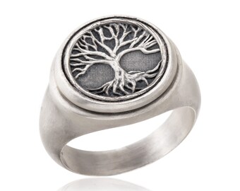 Sterling Silver Family Tree Ring, Tree Of Life Signet Rings, Boho Viking Men Rings, Scandinavian Men Jewelry, Gift For Fathers Day