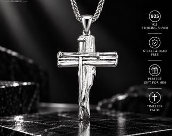 Sterling Silver Cross Necklace for Men, Jesus Crucifix Pendant, Religious Men Jewelry, Birthday Gift For Him