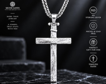 925 Sterling Silver Men Cross Necklace, Polished Silver Jesus Crucifix Pendant, Religious Christian Jewelry for Men, Birthday Gift for Him