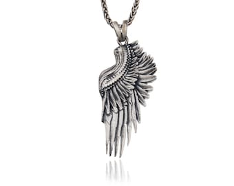 Guardian Angel Wing Men Necklace, Angel Wing Pendant, Sterling Silver Angel Pendant, Religious Charm Necklace, Birthday Gift For Father's